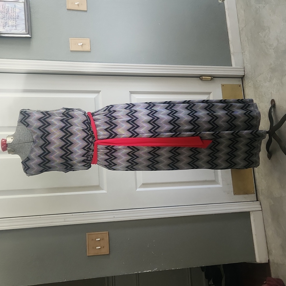 Christopher Banks dress, size L, black, white design, red belt, stretchy, silky